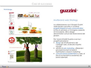 Casi di successo

Web design




                                Multibrand web Strategy

                                La collaborazione con il Gruppo Guzzini
                                vede Nautes coinvolta in numerosi
                                progetti integrati di web communication
                                al fine di veicolare un’immagine coerente
                                di innovazione, stile e design,
                                denominatori comuni dei diversi brand del
                                gruppo.

                                Per i brand «Fratelli Guzzini» e «e-my» i
                                progetti prevedono:
                                 design dei siti istituzionali e dei
                                   cataloghi web, di elevato impatto
                                   «visual»;
                                 attività di web marketing, utilizzando i
                                   principali strumenti di Search
                                   Optimization e Search marketing;
                                 comunicazione pubblicitaria su web, al
                                   fine di aumentare la awareness dei
                                   brand aziendali.




                                                                             31
 