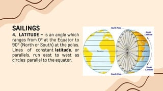 SAILINGS
4. LATITUDE – is an angle which
ranges from 0° at the Equator to
90° (North or South) at the poles.
Lines of constant latitude, or
parallels, run east to west as
circles parallel to the equator.
 