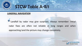 LANDFALL NAVIGATION
Landfall by radar may give surprises. Always remember: initial
radar fixes are often not reliable at long ranges and when
approaching land the picture may change completely.
STCW Table A-II/1
 
