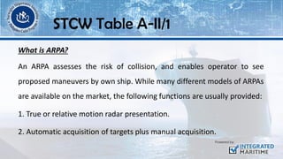 What is ARPA?
An ARPA assesses the risk of collision, and enables operator to see
proposed maneuvers by own ship. While many different models of ARPAs
are available on the market, the following functions are usually provided:
1. True or relative motion radar presentation.
2. Automatic acquisition of targets plus manual acquisition.
STCW Table A-II/1
 