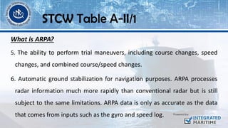 What is ARPA?
5. The ability to perform trial maneuvers, including course changes, speed
changes, and combined course/speed changes.
6. Automatic ground stabilization for navigation purposes. ARPA processes
radar information much more rapidly than conventional radar but is still
subject to the same limitations. ARPA data is only as accurate as the data
that comes from inputs such as the gyro and speed log.
STCW Table A-II/1
 