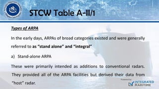 Types of ARPA
In the early days, ARPAs of broad categories existed and were generally
referred to as “stand alone” and “integral”
a) Stand-alone ARPA
These were primarily intended as additions to conventional radars.
They provided all of the ARPA facilities but derived their data from
“host” radar.
STCW Table A-II/1
 