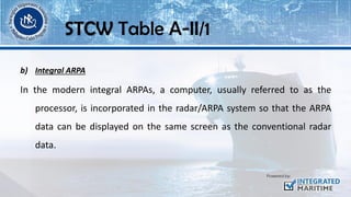 b) Integral ARPA
In the modern integral ARPAs, a computer, usually referred to as the
processor, is incorporated in the radar/ARPA system so that the ARPA
data can be displayed on the same screen as the conventional radar
data.
STCW Table A-II/1
 