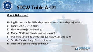 How ARPA is used?
Having first set up the ARPA display (as normal radar display), select:
a) Range scale- e.g 12 miles
b) Plot- Relative (true) bearings
c) Mode- North-up (head-up or course up)
d) Mark the targets to be tracked (using joystick and gate)
e) Set the “vector length”--- in minutes
f) Check the course and speed input
STCW Table A-II/1
 