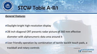 General Features
Daylight-bright high-resolution display
28 inch diagonal CRT presents radar picture of 360 mm effective
diameter with alphanumeric data area around it
User friendly operation by combination of tactile backlit touch pads, a
trackball and rotary controls
STCW Table A-II/1
 