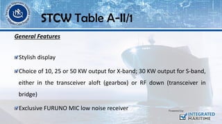General Features
Stylish display
Choice of 10, 25 or 50 KW output for X-band; 30 KW output for S-band,
either in the transceiver aloft (gearbox) or RF down (transceiver in
bridge)
Exclusive FURUNO MIC low noise receiver
STCW Table A-II/1
 