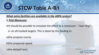 What extra facilities are available in the ARPA system?
1.Trial Maneuver
It should be possible to simulate the effect to a maneuver-- “own ship”-
o- on all tracked targets. This is done by the feeding in:
a)the propose course
b)the proposed speed
c)the delay(if any)
STCW Table A-II/1
 