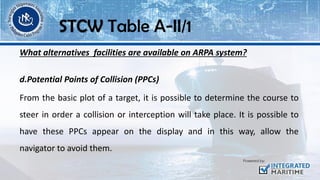 What alternatives facilities are available on ARPA system?
d.Potential Points of Collision (PPCs)
From the basic plot of a target, it is possible to determine the course to
steer in order a collision or interception will take place. It is possible to
have these PPCs appear on the display and in this way, allow the
navigator to avoid them.
STCW Table A-II/1
 
