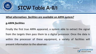 What alternatives facilities are available on ARPA system?
g.ARPA facilities
Finally the first true ARPA appeared, a system able to extract the signal
from the targets then pass them to a digital processor. Once the data is
within the processor of these equipment, a variety of facilities will
present information to the observer.
STCW Table A-II/1
 