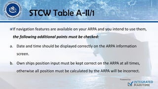 If navigation features are available on your ARPA and you intend to use them,
the following additional points must be checked:
a. Date and time should be displayed correctly on the ARPA information
screen.
b. Own ships position input must be kept correct on the ARPA at all times,
otherwise all position must be calculated by the ARPA will be incorrect.
STCW Table A-II/1
 