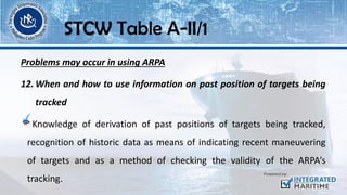 Problems may occur in using ARPA
12. When and how to use information on past position of targets being
tracked
Knowledge of derivation of past positions of targets being tracked,
recognition of historic data as means of indicating recent maneuvering
of targets and as a method of checking the validity of the ARPA’s
tracking.
STCW Table A-II/1
 