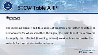 RECEIVER
The incoming signal is fed to a series of amplifier and further to detect or
demodulator for which smoothen the signal, the main task of the receiver is
to amplify the reflected (incoming echoes) weak echoes and make them
suitable for transmission to the indicator.
STCW Table A-II/1
 