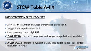 PULSE REPETITION FREQUENCY (PRF)
Define as the number of pulses transmitted per second.
Long pulse is equals to low PRF
Short pulse equals to high PRF
LONG PULSE- means more power and longer range but less resolution
in range.
SHORT PULSE- means a weaker pulse, less radar range but better
resolution in range.
STCW Table A-II/1
 