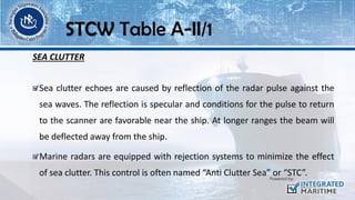 SEA CLUTTER
Sea clutter echoes are caused by reflection of the radar pulse against the
sea waves. The reflection is specular and conditions for the pulse to return
to the scanner are favorable near the ship. At longer ranges the beam will
be deflected away from the ship.
Marine radars are equipped with rejection systems to minimize the effect
of sea clutter. This control is often named “Anti Clutter Sea” or “STC”.
STCW Table A-II/1
 