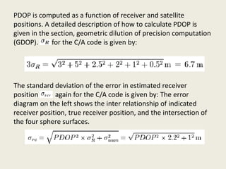 PDOP is computed as a function of receiver and satellite
positions. A detailed description of how to calculate PDOP is
given in the section, geometric dilution of precision computation
(GDOP). for the C/A code is given by:
The standard deviation of the error in estimated receiver
position again for the C/A code is given by: The error
diagram on the left shows the inter relationship of indicated
receiver position, true receiver position, and the intersection of
the four sphere surfaces.
 