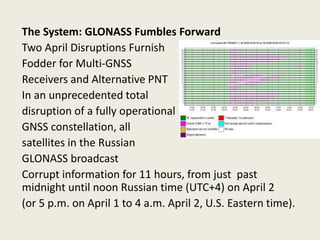 The System: GLONASS Fumbles Forward
Two April Disruptions Furnish
Fodder for Multi-GNSS
Receivers and Alternative PNT
In an unprecedented total
disruption of a fully operational
GNSS constellation, all
satellites in the Russian
GLONASS broadcast
Corrupt information for 11 hours, from just past
midnight until noon Russian time (UTC+4) on April 2
(or 5 p.m. on April 1 to 4 a.m. April 2, U.S. Eastern time).
 