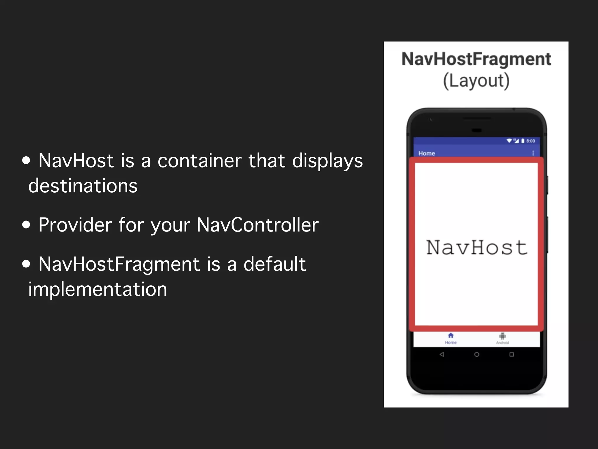• NavHost is a container that displays
destinations
• Provider for your NavController
• NavHostFragment is a default
implementation
 