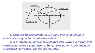 O SINS mede diretamente a Latitude, mas a Longitude é obtida por integração da velocidade E–W. O movimento do veículo considerado pelo SINS é o movimento verdadeiro, sobre a superfície da Terra, levando em conta todas as influências (correntes, ventos, marés, etc). 
