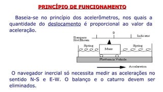 PRINCÍPIO DE FUNCIONAMENTO O navegador inercial só necessita medir as acelerações no sentido N-S e E-W. O balanço e o caturro devem ser eliminados. Baseia-se no princípio dos acelerômetros, nos quais a quantidade do  deslocamento  é proporcional ao valor da aceleração. 
