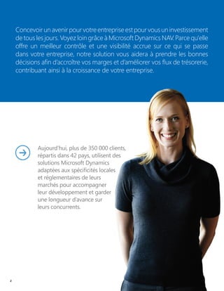Concevoirunavenirpourvotreentrepriseestpourvousuninvestissement
de tous les jours. Voyez loin grâce à Microsoft Dynamics NAV. Parce qu'elle
offre un meilleur contrôle et une visibilité accrue sur ce qui se passe
dans votre entreprise, notre solution vous aidera à prendre les bonnes
décisions afin d’accroître vos marges et d’améliorer vos flux de trésorerie,
contribuant ainsi à la croissance de votre entreprise.
Aujourd’hui, plus de 350 000 clients,
répartis dans 42 pays, utilisent des
solutions Microsoft Dynamics
adaptées aux spécificités locales
et réglementaires de leurs
marchés pour accompagner
leur développement et garder
une longueur d’avance sur
leurs concurrents.
2
 