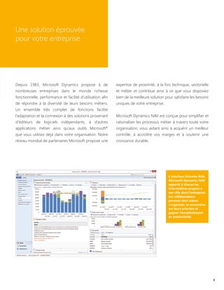 L’interface Orientée Rôle
Microsoft Dynamics NAV
apporte à chacun les
informations propres à
son rôle dans l’entreprise.
Les collaborateurs
peuvent ainsi mieux
s’organiser, se concentrer
sur leurs priorités et
gagner immédiatement
en productivité.
Une solution éprouvée
pour votre entreprise
3
Depuis 1983, Microsoft Dynamics propose à de
nombreuses entreprises dans le monde richesse
fonctionnelle, performance et facilité d’utilisation afin
de répondre à la diversité de leurs besoins métiers.
Un ensemble très complet de fonctions facilite
l’adaptation et la connexion à des solutions provenant
d’éditeurs de logiciels indépendants, à d’autres
applications métier ainsi qu’aux outils Microsoft®
que vous utilisez déjà dans votre organisation. Notre
réseau mondial de partenaires Microsoft propose une
expertise de proximité, à la fois technique, sectorielle
et métier et contribue ainsi à ce que vous disposiez
bien de la meilleure solution pour satisfaire les besoins
uniques de votre entreprise.
Microsoft Dynamics NAV est conçue pour simplifier et
rationaliser les processus métier à travers toute votre
organisation, vous aidant ainsi à acquérir un meilleur
contrôle, à accroître vos marges et à soutenir une
croissance durable.
 