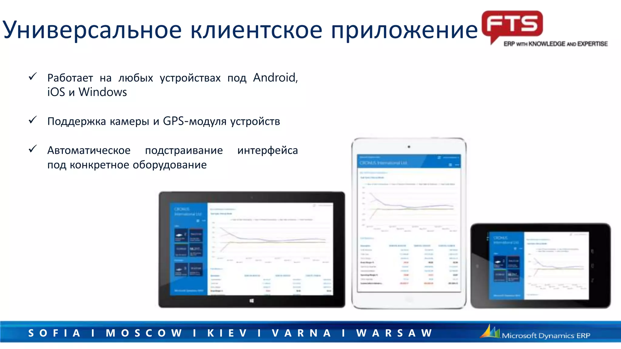 S O F I A I M O S C O W I K I E V I V A R N A I W A R S A W
Универсальное клиентское приложение
 Работает на любых устройствах под Android,
iOS и Windows
 Поддержка камеры и GPS-модуля устройств
 Автоматическое подстраивание интерфейса
под конкретное оборудование
 
