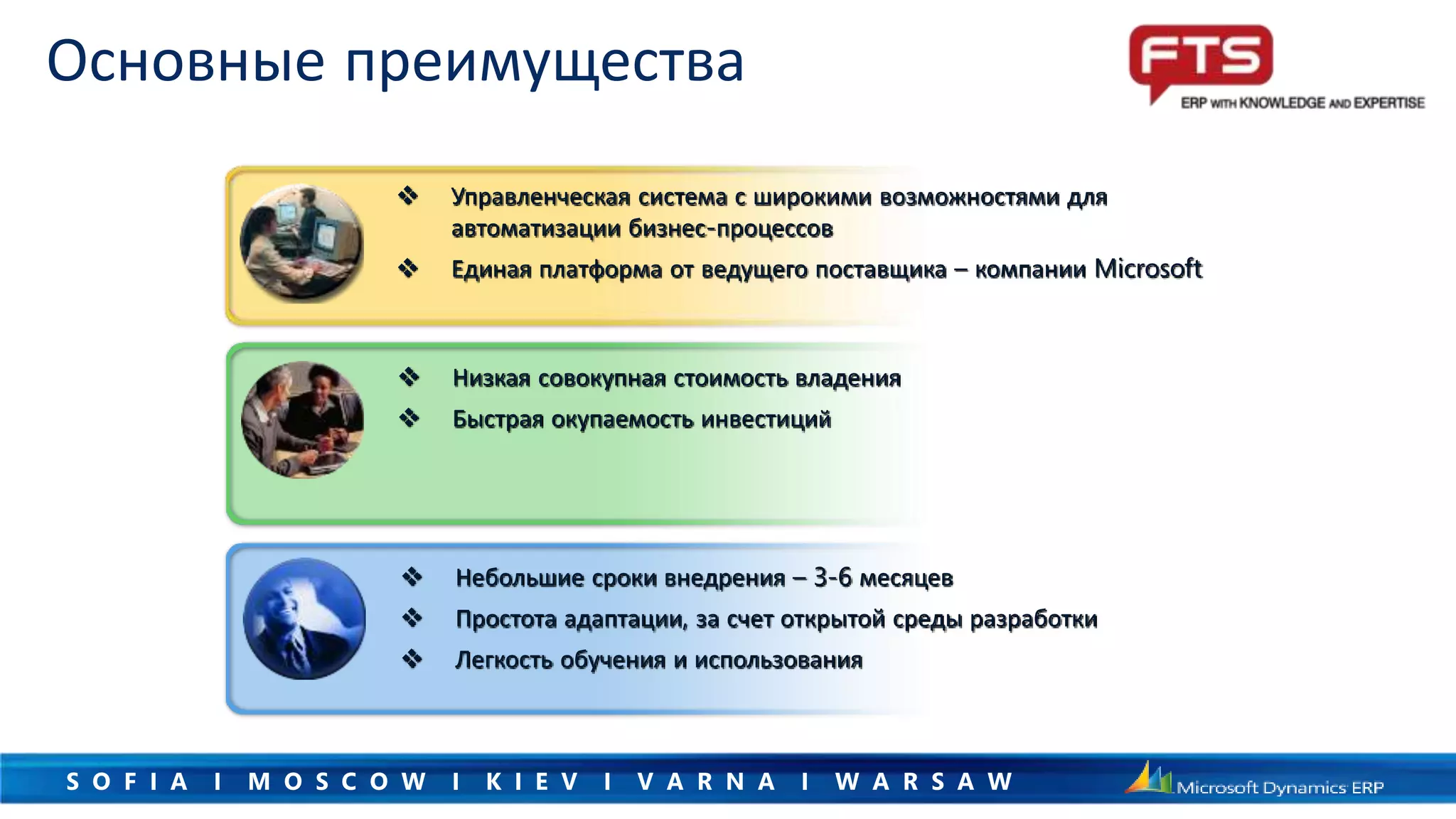 S O F I A I M O S C O W I K I E V I V A R N A I W A R S A W
 Управленческая система с широкими возможностями для
автоматизации бизнес-процессов
 Единая платформа от ведущего поставщика – компании Microsoft
 Низкая совокупная стоимость владения
 Быстрая окупаемость инвестиций
 Небольшие сроки внедрения – 3-6 месяцев
 Простота адаптации, за счет открытой среды разработки
 Легкость обучения и использования
Основные преимущества
 