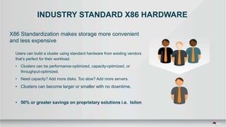 INDUSTRY STANDARD X86 HARDWARE
X86 Standardization makes storage more convenient
and less expensive
Users can build a cluster using standard hardware from existing vendors
that’s perfect for their workload.
• Clusters can be performance-optimized, capacity-optimized, or
throughput-optimized.
• Need capacity? Add more disks. Too slow? Add more servers.
• Clusters can become larger or smaller with no downtime.
• 50% or greater savings on proprietary solutions i.e. Isilon
 
