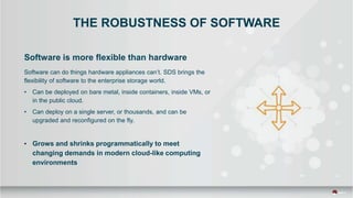 THE ROBUSTNESS OF SOFTWARE
Software is more flexible than hardware
Software can do things hardware appliances can’t. SDS brings the
flexibility of software to the enterprise storage world.
• Can be deployed on bare metal, inside containers, inside VMs, or
in the public cloud.
• Can deploy on a single server, or thousands, and can be
upgraded and reconfigured on the fly.
• Grows and shrinks programmatically to meet
changing demands in modern cloud-like computing
environments
 