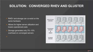 SOLUTION: CONVERGED RHEV AND GLUSTER
RHEV and storage can co-exist on the
same hardware
Allows for higher server utilization and
lowers operational costs
Storage generates only 3%–10%
overhead on converged servers
&
RHEV
 