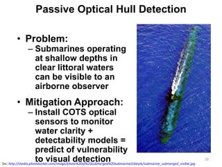 Passive Optical Hull Detection

        • Problem:
               – Submarines operating
                 at shallow depths in
                 clear littoral waters
                 can be visible to an
                 airborne observer
        • Mitigation Approach:
                 – Install COTS optical
                     sensors to monitor
                     water clarity +
                     detectability models =
                     predict of vulnerability
                     to visual detection
Src: http://media.photobucket.com/image/photo%20of%20submerged%20submarine/cbleyte/submarine_submerged_visible.jpg
                                                                                                                     20
 