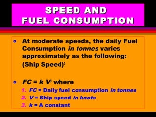 AKD;Rev0;Feb02 SP-SMA 3
SPEED ANDSPEED AND
FUEL CONSUMPTIONFUEL CONSUMPTION
o At moderate speeds, the daily Fuel
Consumption in tonnes varies
approximately as the following:
(Ship Speed)3
o FC = k V3
where
1. FC = Daily fuel consumption in tonnes
2. V = Ship speed in knots
3. k = A constant
 
