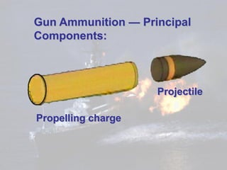 Gun Ammunition — Principal
Components:



                    Projectile

Propelling charge
 