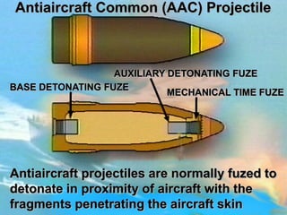 Antiaircraft Common (AAC) Projectile



                  AUXILIARY DETONATING FUZE
BASE DETONATING FUZE
                            MECHANICAL TIME FUZE




Antiaircraft projectiles are normally fuzed to
detonate in proximity of aircraft with the
fragments penetrating the aircraft skin
 