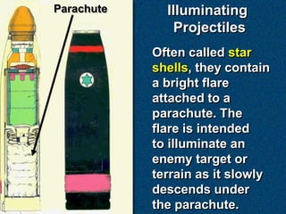 Parachute     Illuminating
               Projectiles
            Often called star
            shells, they contain
            a bright flare
            attached to a
            parachute. The
            flare is intended
            to illuminate an
            enemy target or
            terrain as it slowly
            descends under
            the parachute.
 