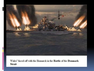 Bismarck could engage and attempt to destroy the escorting battleship, leaving the lighter Prinz Eugen to chase down and sink the fleeing merchant ships.The next morning the German ships were intercepted in the Strait between Iceland and Greenland by a force of British ships. These were the battleship Prince of Wales, the battlecruiser HMS Hood and a screen of six destroyers, under the command of Vice-Admiral Lancelot Holland on Hood.