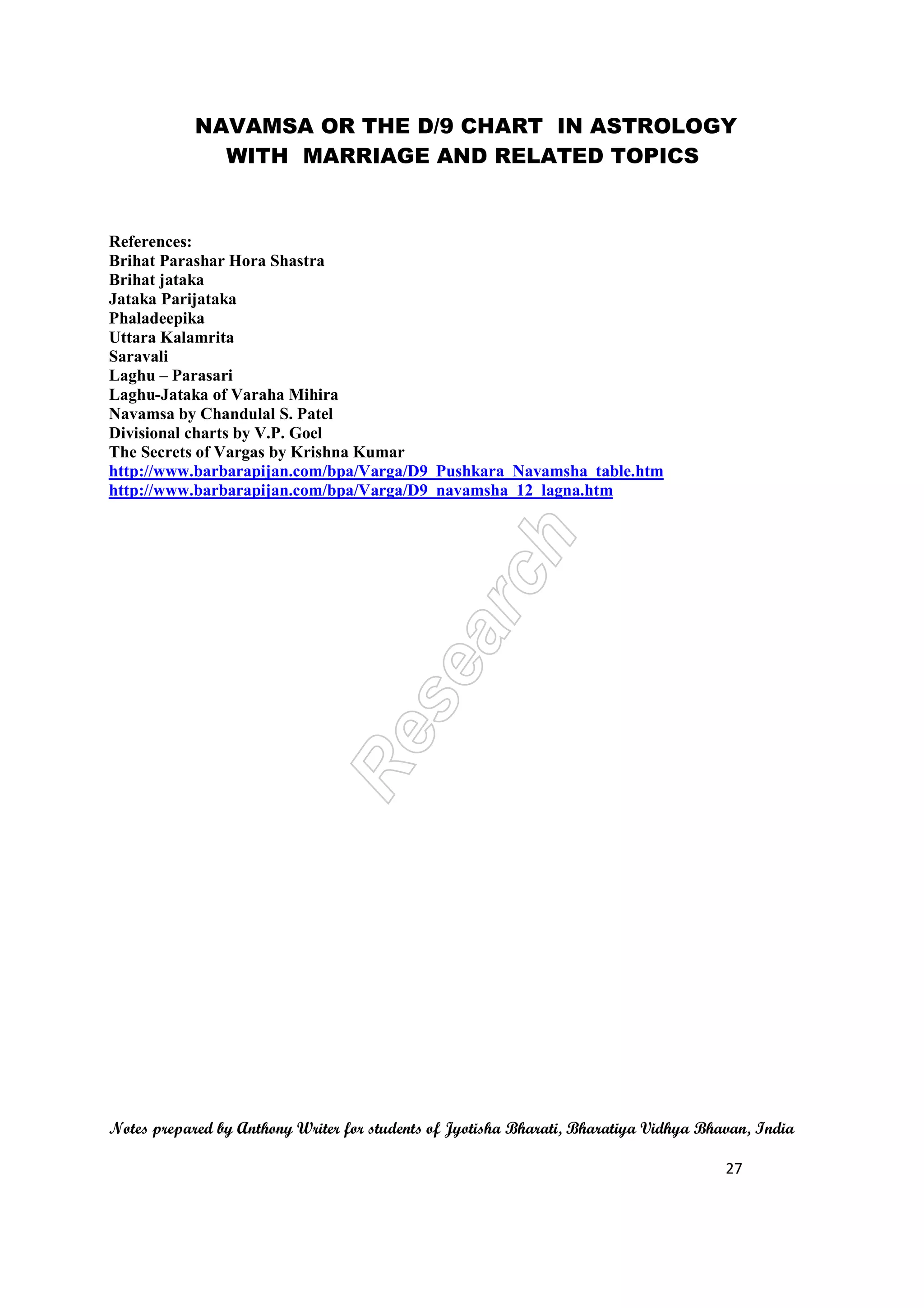 NAVAMSA OR THE D/9 CHART IN ASTROLOGY
WITH MARRIAGE AND RELATED TOPICS
Notes prepared by Anthony Writer for students of Jyotisha Bharati, Bharatiya Vidhya Bhavan, India
27
References:
Brihat Parashar Hora Shastra
Brihat jataka
Jataka Parijataka
Phaladeepika
Uttara Kalamrita
Saravali
Laghu – Parasari
Laghu-Jataka of Varaha Mihira
Navamsa by Chandulal S. Patel
Divisional charts by V.P. Goel
The Secrets of Vargas by Krishna Kumar
http://www.barbarapijan.com/bpa/Varga/D9_Pushkara_Navamsha_table.htm
http://www.barbarapijan.com/bpa/Varga/D9_navamsha_12_lagna.htm
 