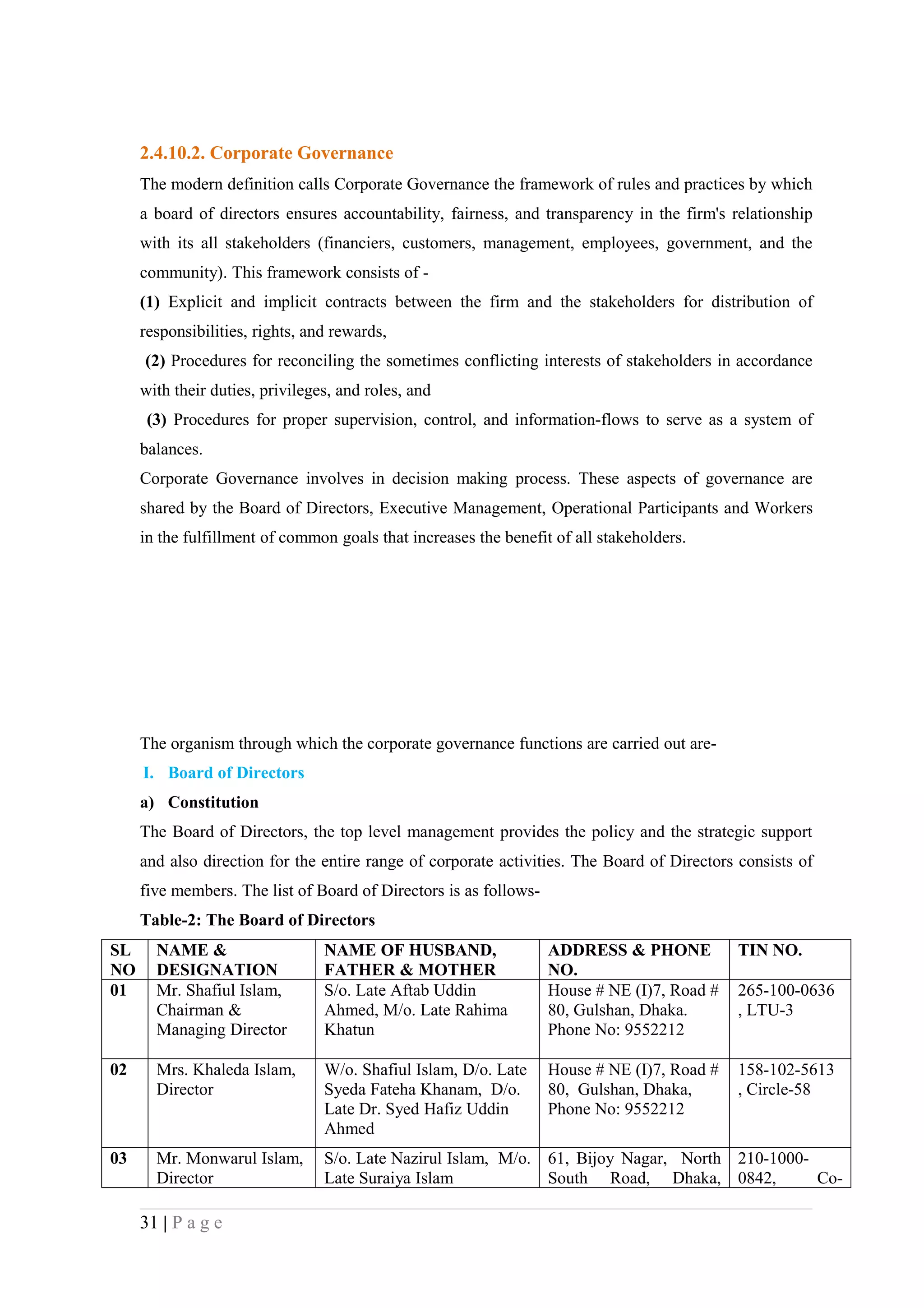 2.4.10.2. Corporate Governance
     The modern definition calls Corporate Governance the framework of rules and practices by which
     a board of directors ensures accountability, fairness, and transparency in the firm's relationship
     with its all stakeholders (financiers, customers, management, employees, government, and the
     community). This framework consists of -
     (1) Explicit and implicit contracts between the firm and the stakeholders for distribution of
     responsibilities, rights, and rewards,
     (2) Procedures for reconciling the sometimes conflicting interests of stakeholders in accordance
     with their duties, privileges, and roles, and
      (3) Procedures for proper supervision, control, and information-flows to serve as a system of
     balances.
     Corporate Governance involves in decision making process. These aspects of governance are
     shared by the Board of Directors, Executive Management, Operational Participants and Workers
     in the fulfillment of common goals that increases the benefit of all stakeholders.




     The organism through which the corporate governance functions are carried out are-
     I. Board of Directors
     a) Constitution
     The Board of Directors, the top level management provides the policy and the strategic support
     and also direction for the entire range of corporate activities. The Board of Directors consists of
     five members. The list of Board of Directors is as follows-
     Table-2: The Board of Directors
SL     NAME &                    NAME OF HUSBAND,                  ADDRESS & PHONE           TIN NO.
NO     DESIGNATION               FATHER & MOTHER                   NO.
01     Mr. Shafiul Islam,        S/o. Late Aftab Uddin             House # NE (I)7, Road #   265-100-0636
       Chairman &                Ahmed, M/o. Late Rahima           80, Gulshan, Dhaka.       , LTU-3
       Managing Director         Khatun                            Phone No: 9552212

02     Mrs. Khaleda Islam,       W/o. Shafiul Islam, D/o. Late     House # NE (I)7, Road #   158-102-5613
       Director                  Syeda Fateha Khanam, D/o.         80, Gulshan, Dhaka,       , Circle-58
                                 Late Dr. Syed Hafiz Uddin         Phone No: 9552212
                                 Ahmed
03     Mr. Monwarul Islam,       S/o. Late Nazirul Islam, M/o. 61, Bijoy Nagar, North 210-1000-
       Director                  Late Suraiya Islam            South Road, Dhaka, 0842,         Co-

     31 | P a g e
 