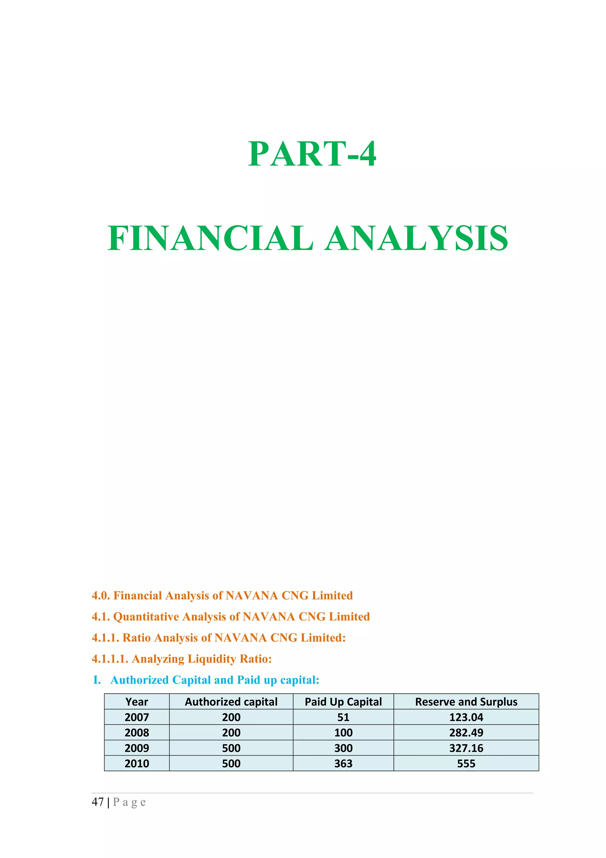 PART-4

   FINANCIAL ANALYSIS




4.0. Financial Analysis of NAVANA CNG Limited
4.1. Quantitative Analysis of NAVANA CNG Limited
4.1.1. Ratio Analysis of NAVANA CNG Limited:
4.1.1.1. Analyzing Liquidity Ratio:
I. Authorized Capital and Paid up capital:
       Year       Authorized capital   Paid Up Capital   Reserve and Surplus
       2007              200                  51               123.04
       2008              200                 100               282.49
       2009              500                 300               327.16
       2010              500                 363                 555


47 | P a g e
 