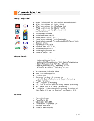 Corporate Directory
     Navana Group

Group Companies:

                    •   Aftab Automobiles Ltd. (Automobile Assembling Unit)
                    •   Aftab Automobiles Ltd. (Paints Unit)
                    •   Aftab Automobiles Ltd. (Bus Body Unit)
                    •   Aftab Automobiles Ltd. (Battery Unit)
                    •   Aftab Automobiles Ltd. (Furniture Unit)
                    •   Navana Limited
                    •   Navana CNG Limited
                    •   Navana Real Estate Ltd.
                    •   Navana Construction Ltd.
                    •   Navana Computers & Technologies Ltd.
                    •   Navana Computers & Technologies Ltd (Software Unit).
                    •   Biponon Limited
                    •   Navana Interlinks Ltd.
                    •   Navana Taxi Cab Co. Ltd.
                    •   Navana Electronics Ltd.
                    •   Navana Distributions Ltd.
                    •   Navana Textiles Ltd.

Related Activity:

                        -   Automobile Assembling
                        -   Automobile Manufacturing (final stage of developing)
                        -   Paint Manufacturing, Marketing & Sales
                        -   Battery Manufacturing, Marketing & Sales
                        -   Furniture Assembling, Marketing & Sales

                    •   Automobile Marketing & Sales
                    •   Real Estate Development
                    •   Construction
                    •   Computer Hardware & Accessories
                    •   Medical & Scientific Equipment, Sales & Marketing
                    •   Project Marketing
                    •   Taxi Cab Sales & Marketing
                    •   IPS, UPS, Stabilizer Manufacturing, Sales & Marketing
                    •   Ata, Maida, Suji, Salt Sales & Marketing
                    •   Composite Textile Mill comprising Acrylic Spinning Unit,
                        Yarn Dying Unit (acrylic & cotton) and Sweater Unit.

Bankers:

                    •   Agrani Bank Ltd.
                    •   Pubali Bank Ltd.
                    •   South East Bank Ltd.
                    •   Islami bank Bangladesh Ltd.
                    •   National Bank Ltd.
                    •   The City Bank Limited



                                                                             5 of 8
 