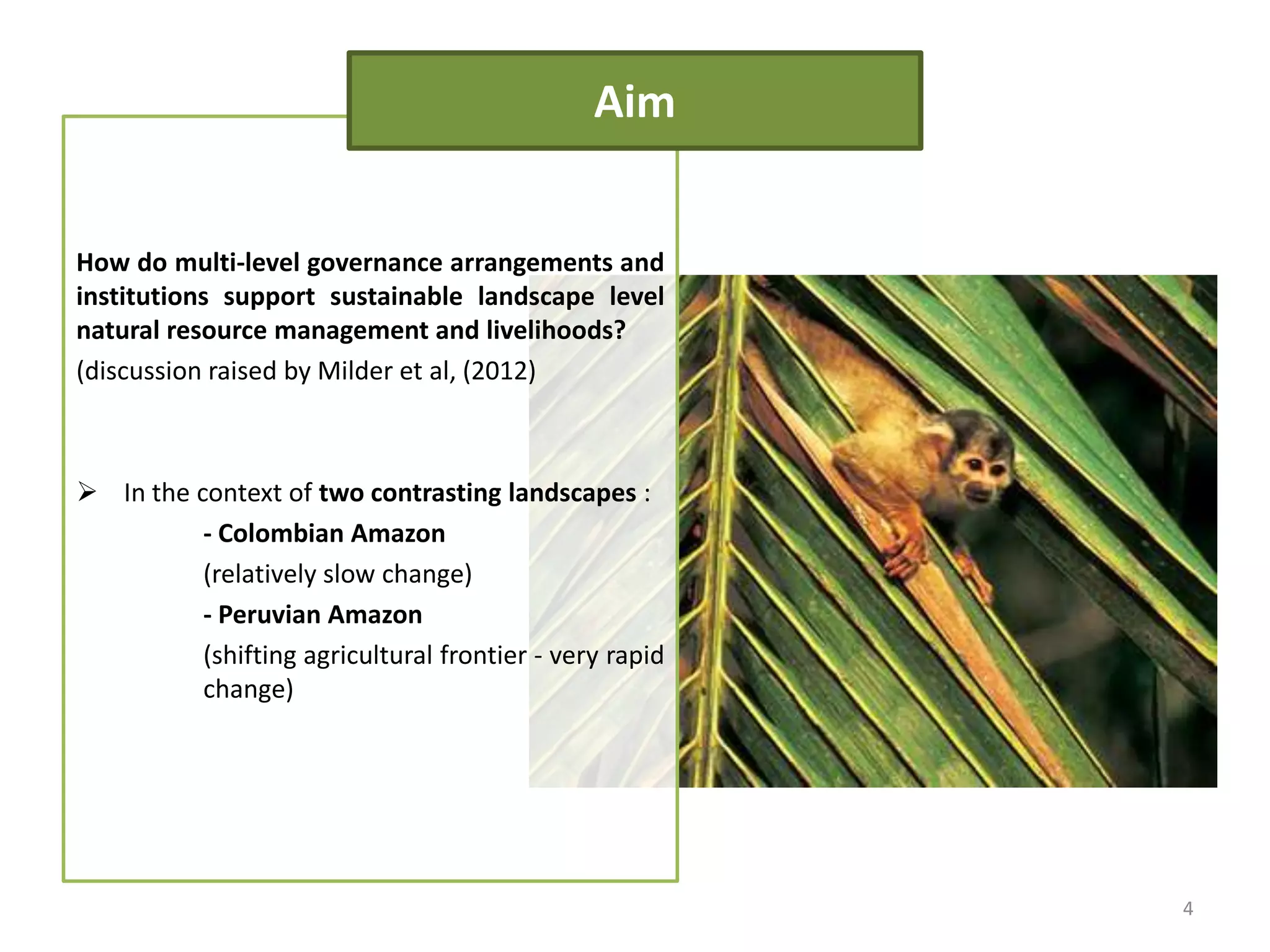 How do multi-level governance arrangements and
institutions support sustainable landscape level
natural resource management and livelihoods?
(discussion raised by Milder et al, (2012)
 In the context of two contrasting landscapes :
- Colombian Amazon
(relatively slow change)
- Peruvian Amazon
(shifting agricultural frontier - very rapid
change)
Aim
4
 