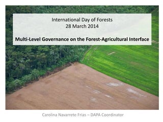 International Day of Forests
28 March 2014
Multi-Level Governance on the Forest-Agricultural Interface
Carolina Navarrete Frias – DAPA Coordinator
 