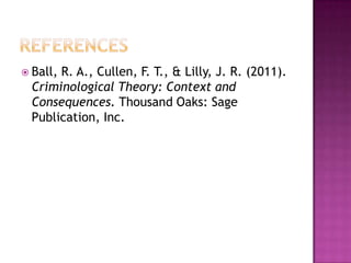  Ball,

R. A., Cullen, F. T., & Lilly, J. R. (2011).
Criminological Theory: Context and
Consequences. Thousand Oaks: Sage
Publication, Inc.

 