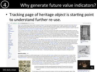 Why	generate	future	value	indicators?	
•  Tracking	page	of	heritage	object	is	star)ng	point	
to	understand	further	re-use.	
4	
542	daily	views	
71	
 