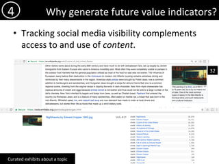 Why	generate	future	value	indicators?	
•  Tracking	social	media	visibility	complements	
access	to	and	use	of	content.		
4	
Curated	exhibits	about	a	topic	
32	
 