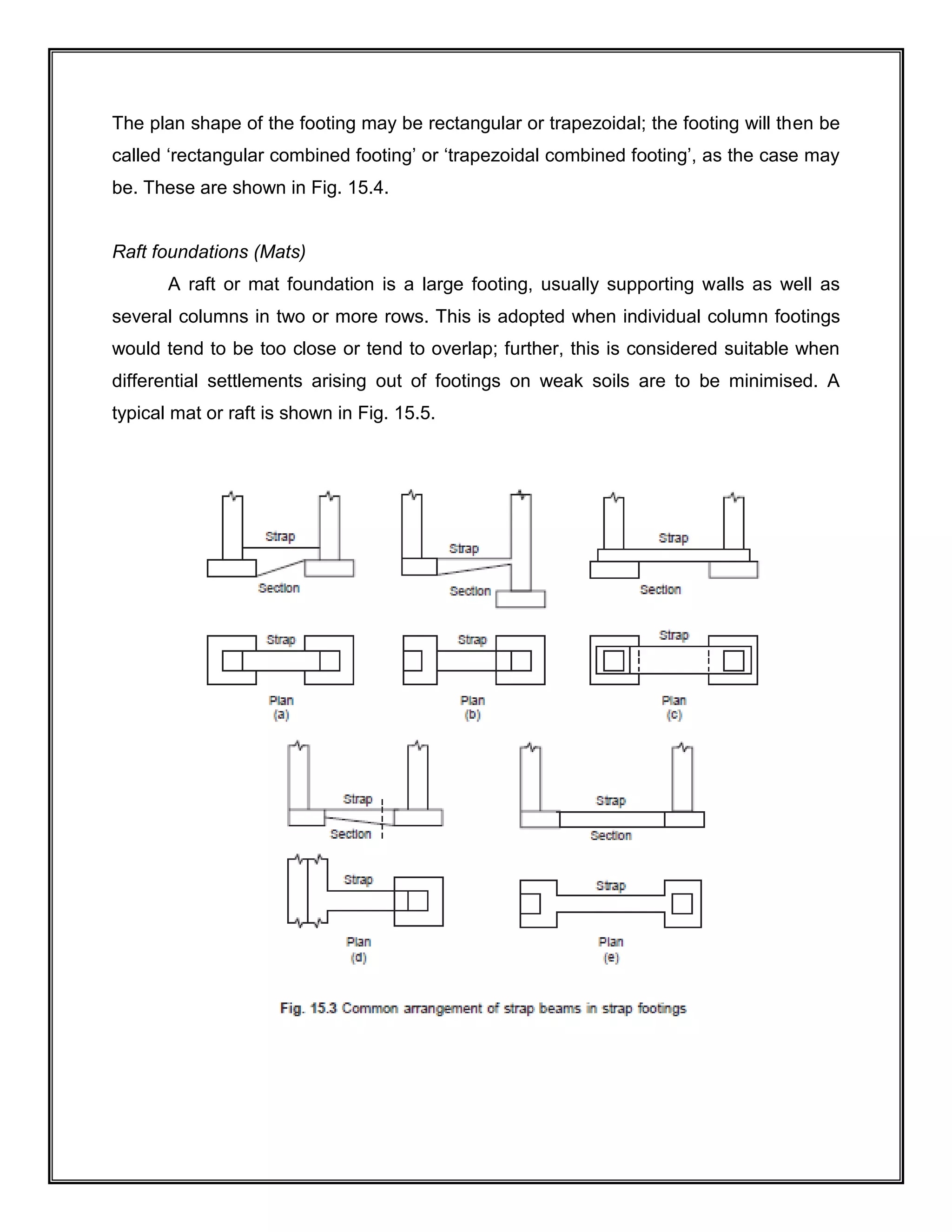 The plan shape of the footing may be rectangular or trapezoidal; the footing will then be
called ‘rectangular combined footing’ or ‘trapezoidal combined footing’, as the case may
be. These are shown in Fig. 15.4.
Raft foundations (Mats)
A raft or mat foundation is a large footing, usually supporting walls as well as
several columns in two or more rows. This is adopted when individual column footings
would tend to be too close or tend to overlap; further, this is considered suitable when
differential settlements arising out of footings on weak soils are to be minimised. A
typical mat or raft is shown in Fig. 15.5.
 