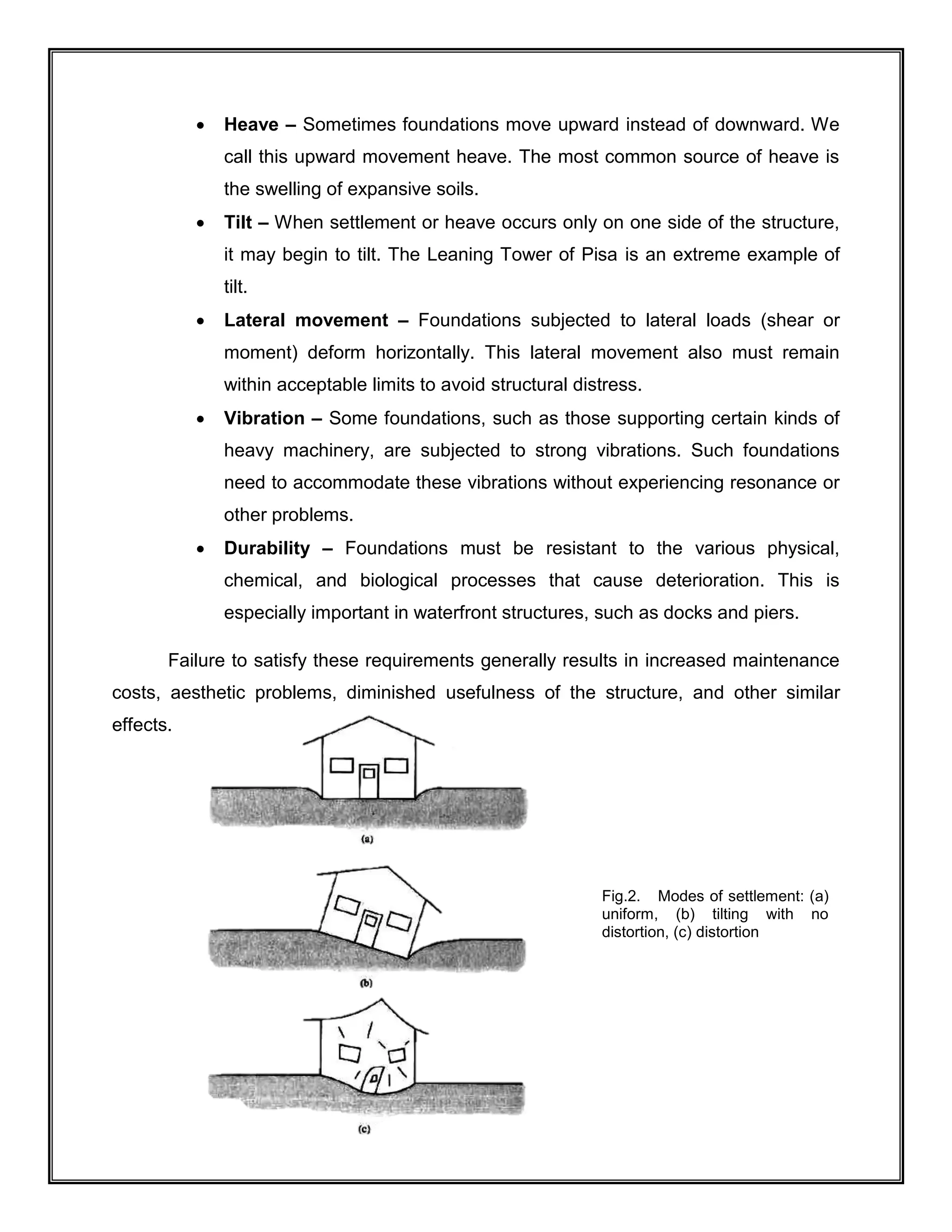  Heave – Sometimes foundations move upward instead of downward. We
call this upward movement heave. The most common source of heave is
the swelling of expansive soils.
 Tilt – When settlement or heave occurs only on one side of the structure,
it may begin to tilt. The Leaning Tower of Pisa is an extreme example of
tilt.
 Lateral movement – Foundations subjected to lateral loads (shear or
moment) deform horizontally. This lateral movement also must remain
within acceptable limits to avoid structural distress.
 Vibration – Some foundations, such as those supporting certain kinds of
heavy machinery, are subjected to strong vibrations. Such foundations
need to accommodate these vibrations without experiencing resonance or
other problems.
 Durability – Foundations must be resistant to the various physical,
chemical, and biological processes that cause deterioration. This is
especially important in waterfront structures, such as docks and piers.
Failure to satisfy these requirements generally results in increased maintenance
costs, aesthetic problems, diminished usefulness of the structure, and other similar
effects.
Fig.2. Modes of settlement: (a)
uniform, (b) tilting with no
distortion, (c) distortion
 
