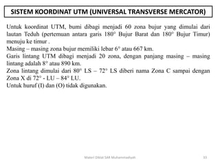 SISTEM KOORDINAT UTM (UNIVERSAL TRANSVERSE MERCATOR)
Untuk koordinat UTM, bumi dibagi menjadi 60 zona bujur yang dimulai dari
lautan Teduh (pertemuan antara garis 180° Bujur Barat dan 180° Bujur Timur)
menuju ke timur .
Masing – masing zona bujur memiliki lebar 6° atau 667 km.
Garis lintang UTM dibagi menjadi 20 zona, dengan panjang masing – masing
lintang adalah 8° atau 890 km.
Zona lintang dimulai dari 80° LS – 72° LS diberi nama Zona C sampai dengan
Zona X di 72° - LU – 84° LU.
Untuk huruf (I) dan (O) tidak digunakan.
Materi Diklat SAR Muhammadiyah 33
 