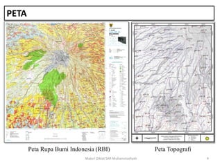 PETA
Materi Diklat SAR Muhammadiyah 4
Peta TopografiPeta Rupa Bumi Indonesia (RBI)
 