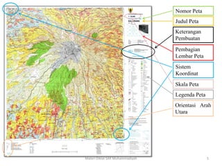 Materi Diklat SAR Muhammadiyah 5
Keterangan
Pembuatan
Nomor Peta
Judul Peta
Pembagian
Lembar Peta
Sistem
Koordinat
Skala Peta
Orientasi Arah
Utara
Legenda Peta
 
